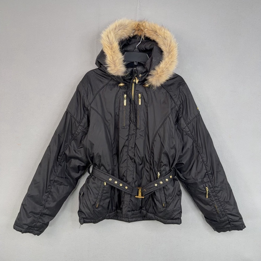 Baby Phat Jacket Womens Large Black Fur Trim Hooded Belted Down Parka Winter Y2K